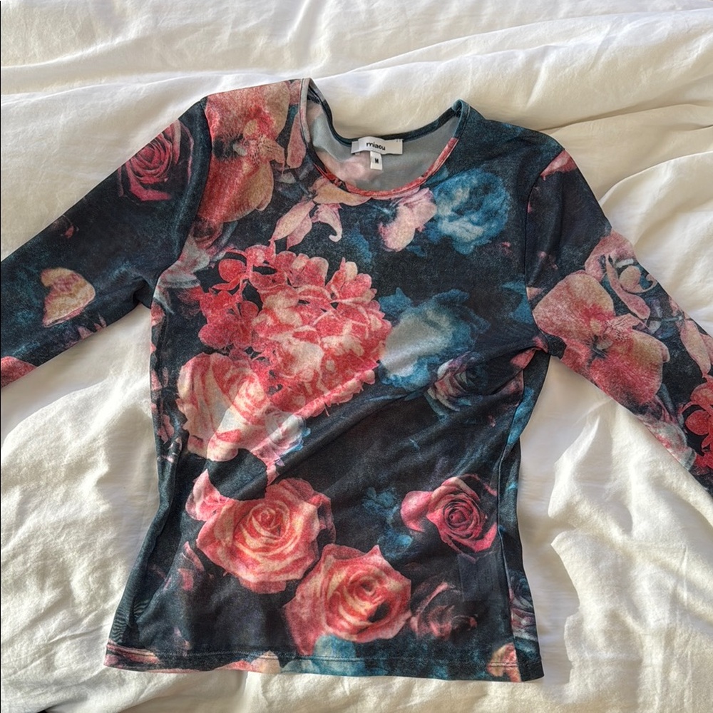 Miaou semi sheer mesh long sleeve floral print